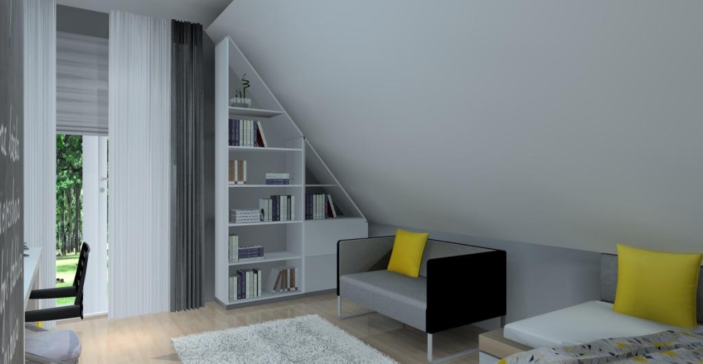 pokoj dla nastolatka zolty szary i biel, widok na ścianę z sofa ikea, łzoekim i regałem na ksiązki, pokój na poddaszu ze skosami